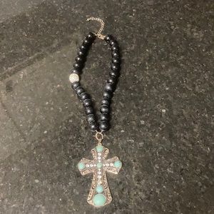 Western Silver Turquoise Cross Black Beaded Chain With Crystal Bead